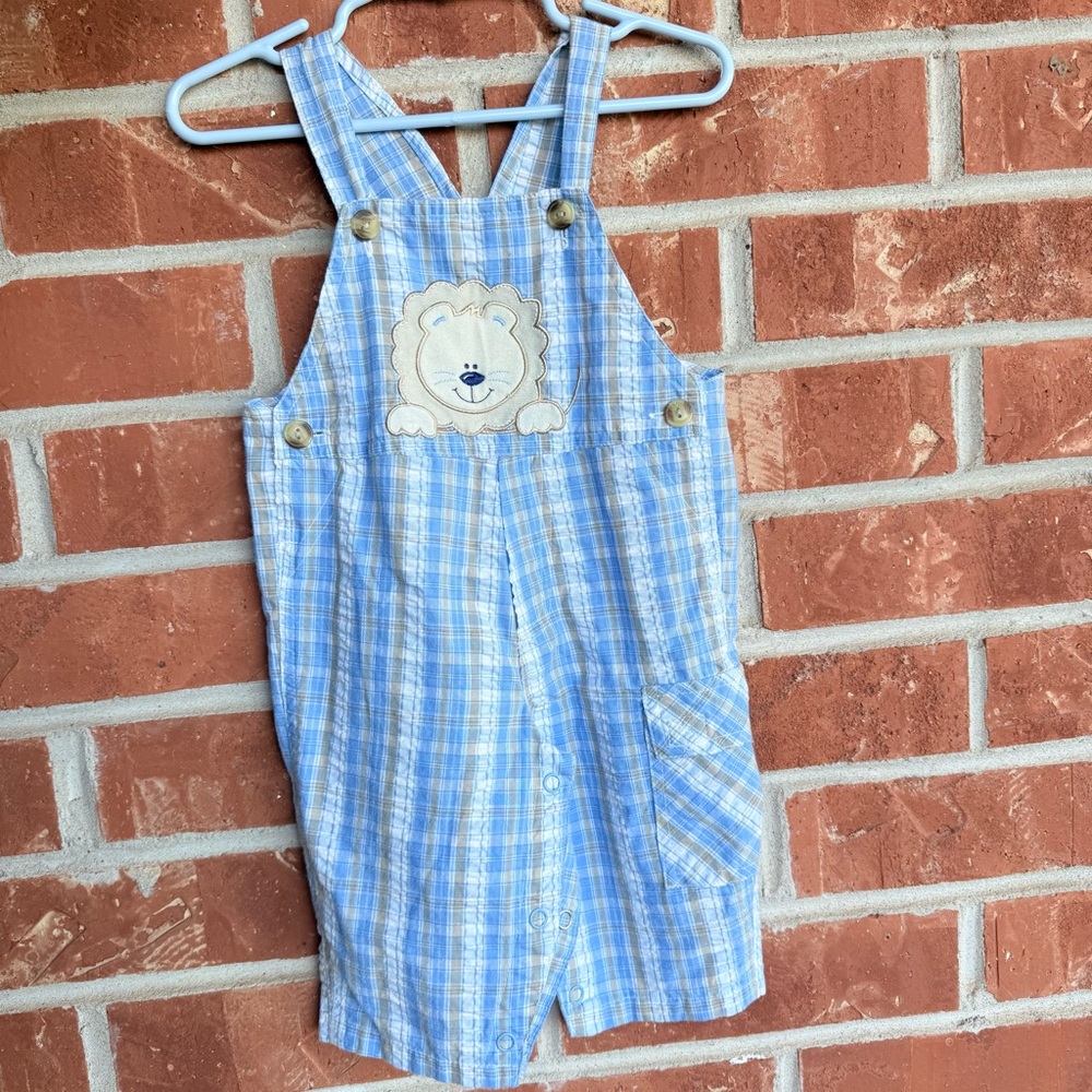 Blue Plaid Lion Appliqué Kids Overalls - Adjustable Straps